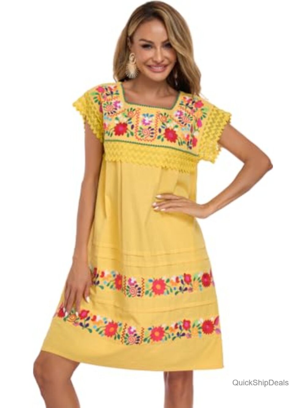 Cotton Floral Embroidered Peasant Dress Short Sleeve Lace Boho Casual